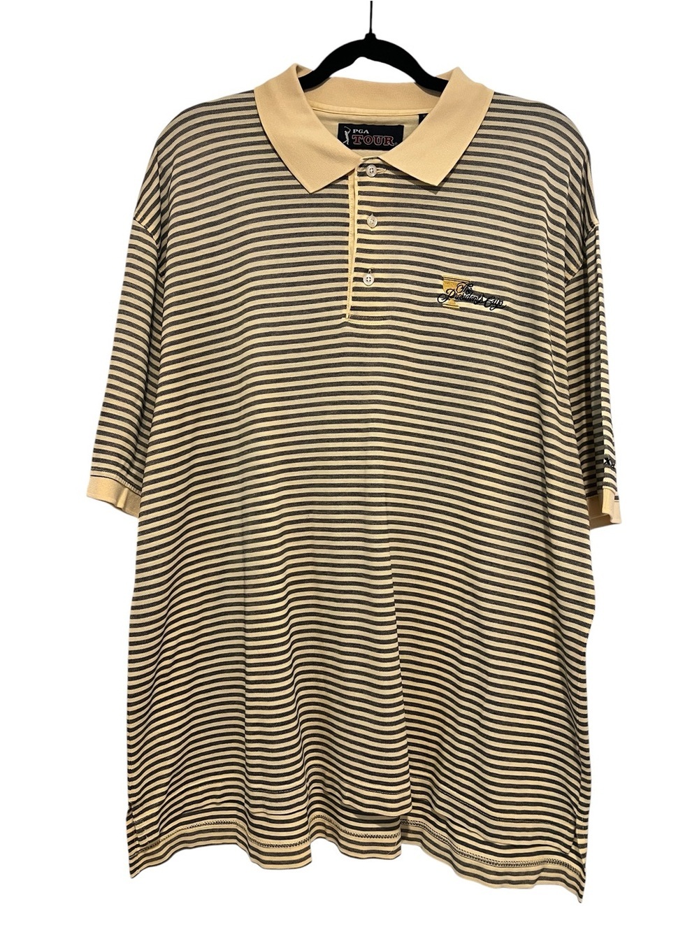 PGA Tour 100% Cotton w/Embroidered The Presidents Cup Logo Striped Polo Shirt-XL